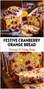 Loaf of Christmas cranberry bread topped with orange glaze and cranberries, a bright Easy Christmas Bread gift idea.
